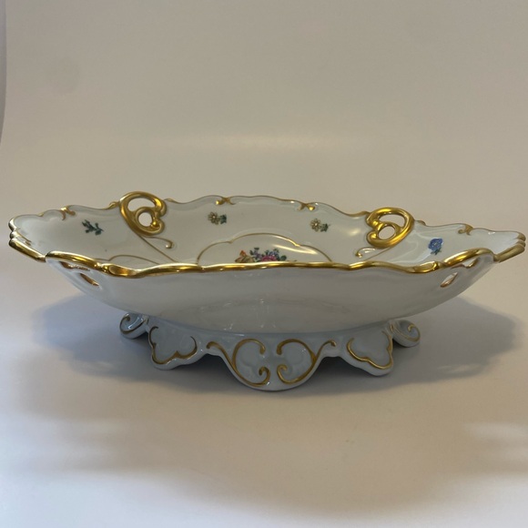 Vintage JLMeneau Graf Von Henneberg Floral & Gold Centerpiece Bowl 12" Long - Picture 6 of 16